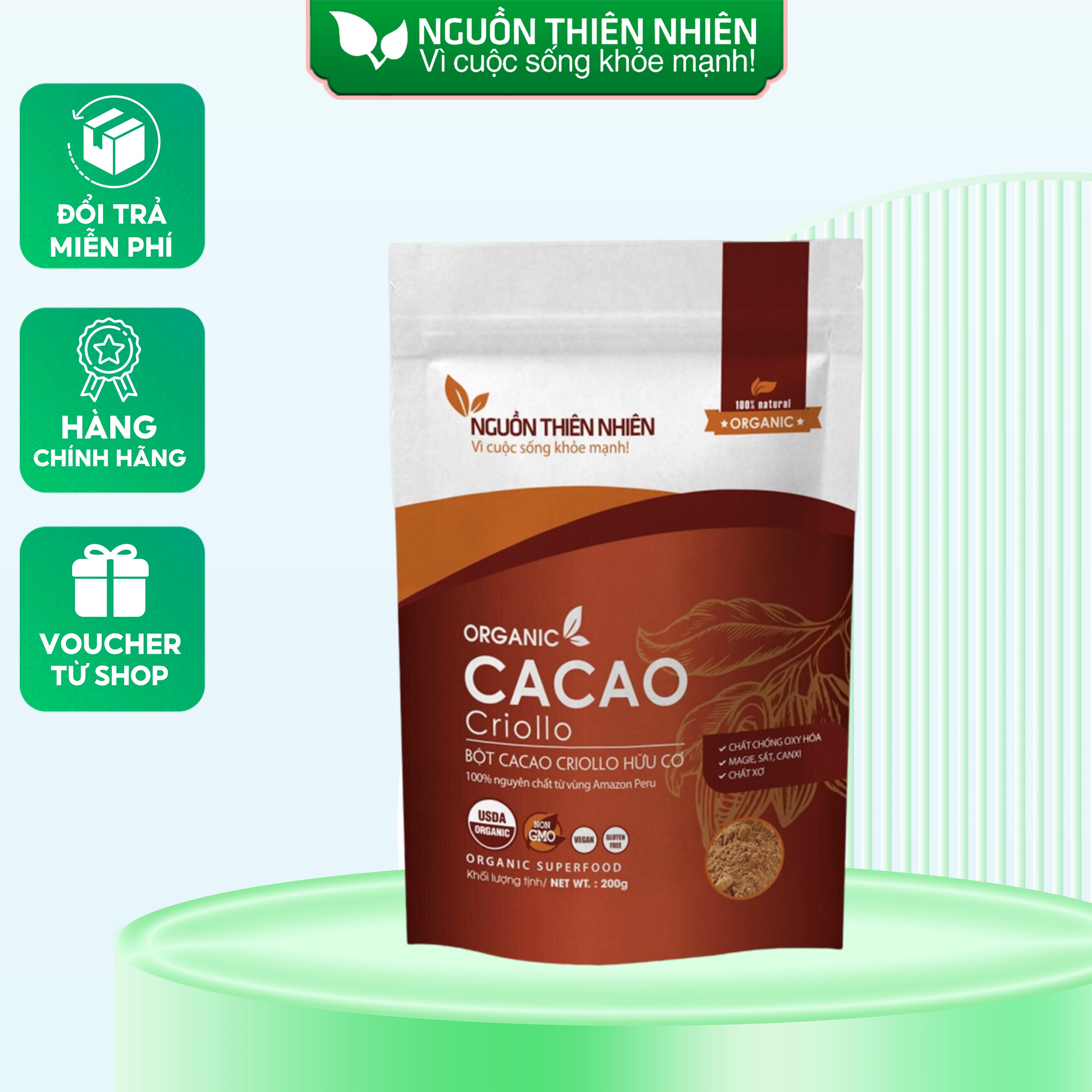 Bột Cacao Peru Criollo Hữu Cơ không đường Túi 200g Nguồn Thiên Nhiên