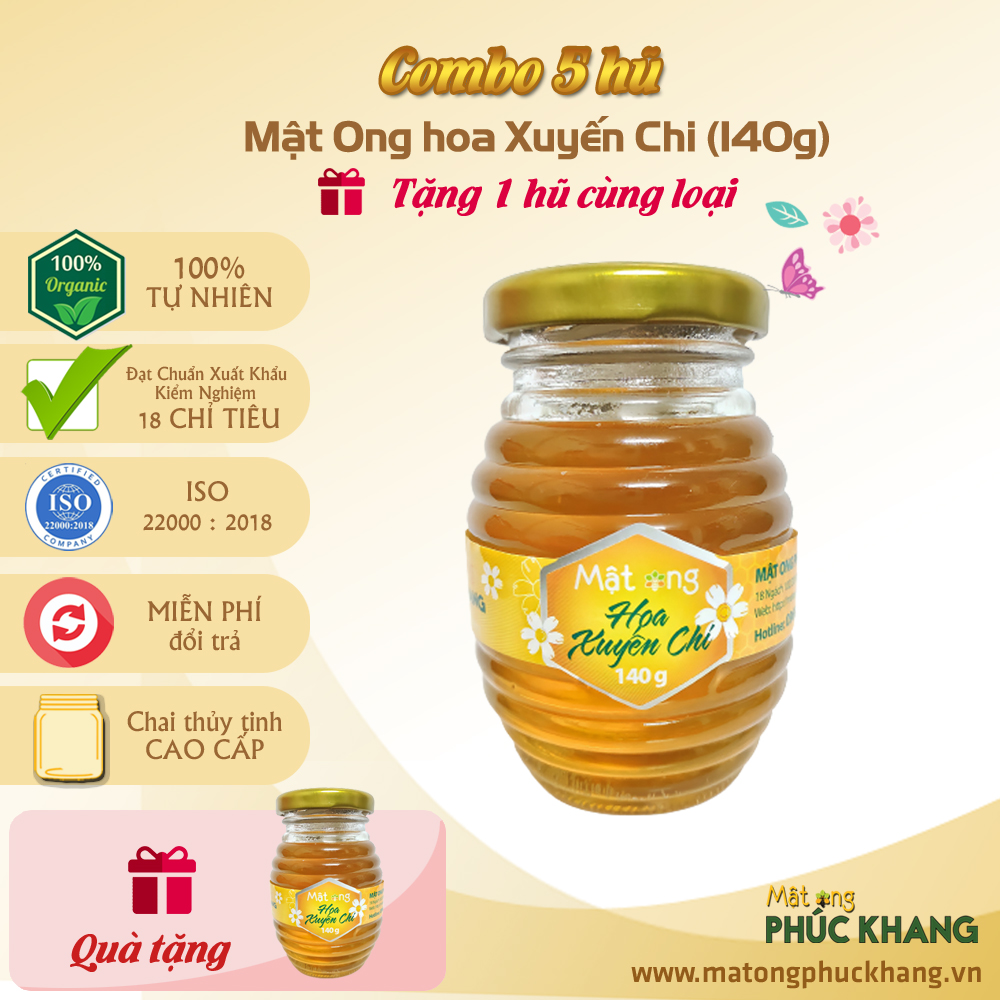 [Hot Sale] Combo Tiết Kiệm 5 Hũ Mật Ong Cao Cấp Hoa Xuyến Chi Phúc Khang 140g - - Tặng kèm 1 cùng loại - Làm Quà Tặng - Quà Biếu -  Giảm ho , viêm họng , tăng sức đề kháng , bồi bổ cơ thể
