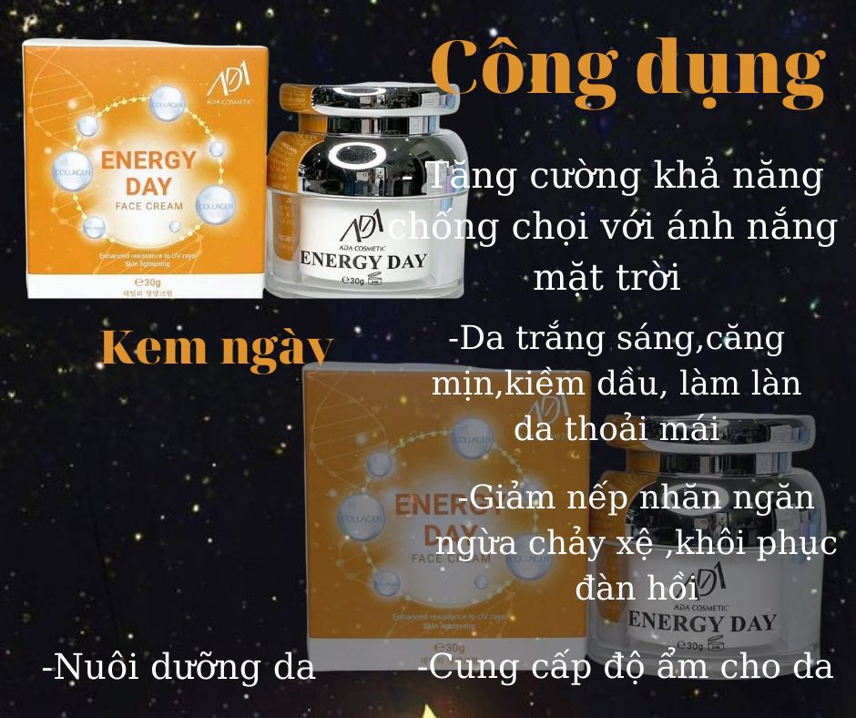 KEN DƯỠNG DA ban ngày ENERGY DAY ADA trắng sáng, căng mịn, kiềm dầu không bết dính tăng cường khả năng chống nắng, giảm nếp nhăn, nuôi dưỡng sâu bên trong giúp da khỏe mềm mại, săn chắc