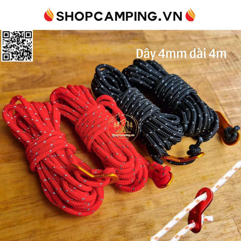 Dây dù cột lều bạt phản quang 4mm dài 4m kèm khóa nhôm,dây cột lều, dây căng dựng lều cắm trại, dã ngoại Camping VietNam