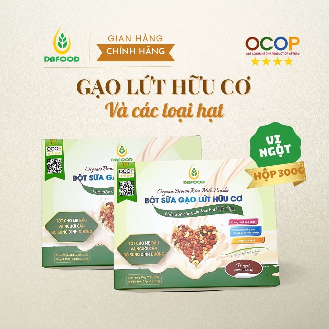 COMBO 2 Hộp Bột sữa gạo lứt Organic - Lợi sữa, bổ sung dinh dưỡng, ăn sáng tiện ích DBFOOD Hộp 300g/12 gói