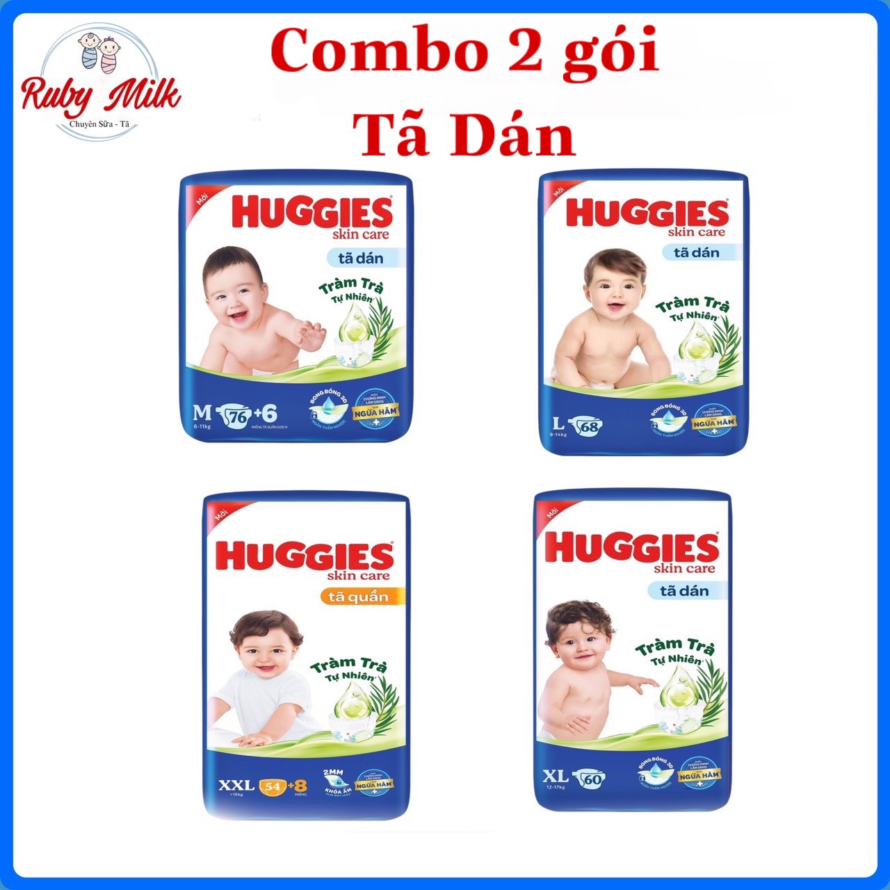 Combo 2 gói tã dán huggies size s80/m76/l68/xl60/xxl54