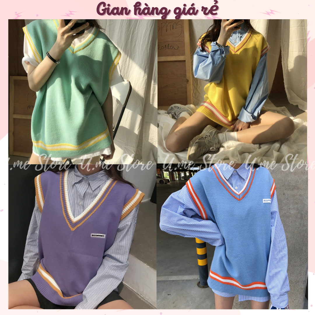 Áo Gile len Ulzzang nữ oversize Hàn Quốc giá rẻ dáng rộng cổ chữ v kèm mác ngực