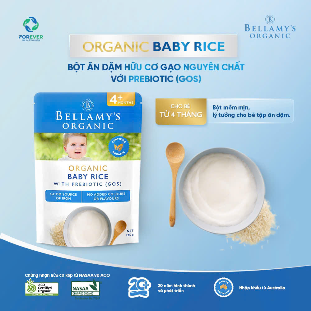 Bột ăn dặm hữu cơ Bellamy's Organic Úc 4 tháng+, 5 tháng +, 6 tháng+(125g)