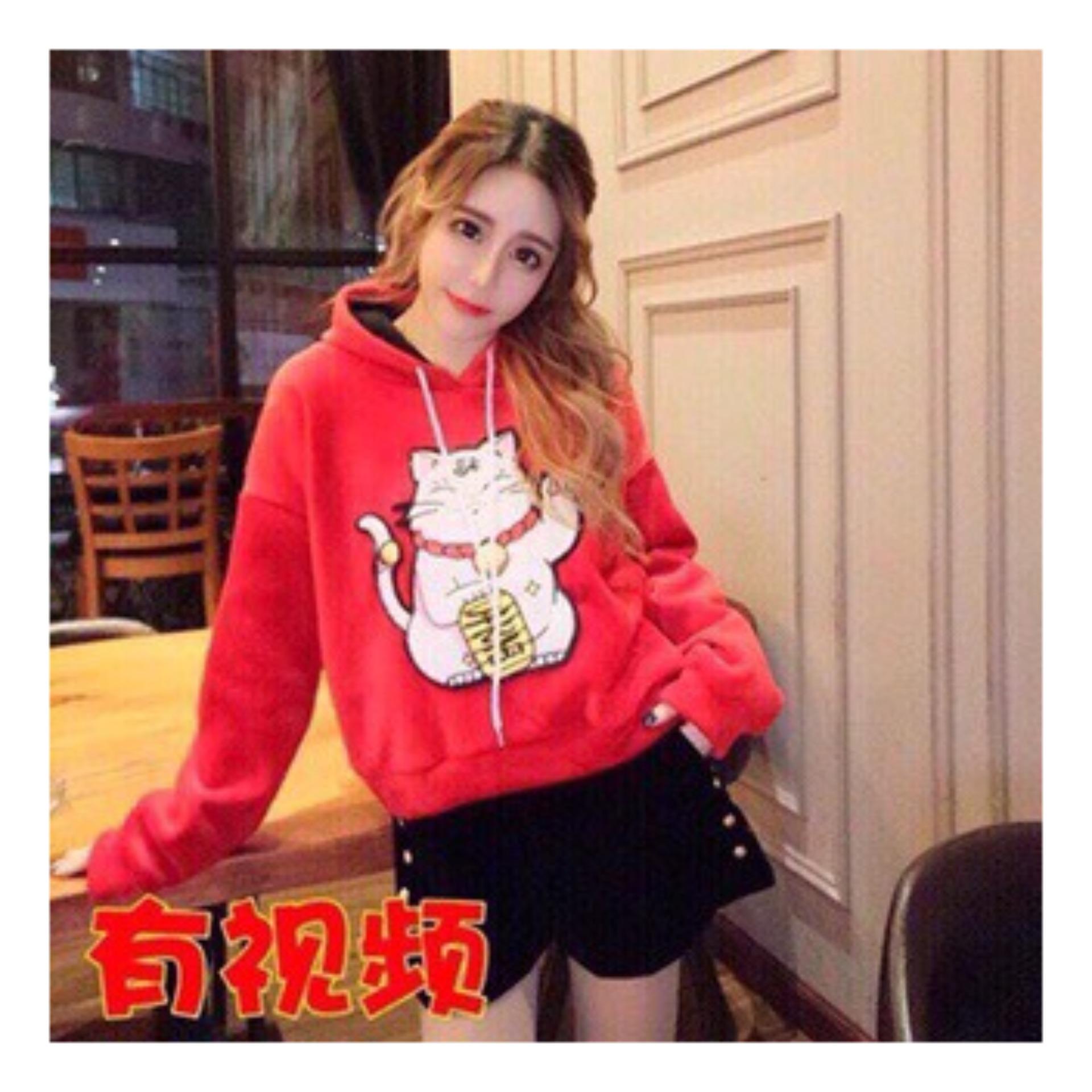 Áo hoodie kiểu áo khoác chất nỉ dày dặn in hình mèo và thần tài 2 màu đen đỏ