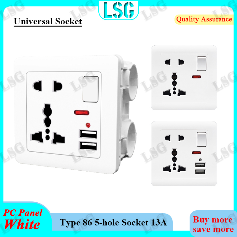 Ổ cắm gắn tường thông dụng có công tắc đèn led ổ cắm 5 lỗ loại 86 bảng pc màu trắng ổ cắm điện gắn tường tiêu chuẩn thông dụng 13a 250v với cổng usb bộ sạc usb kép 2.1a