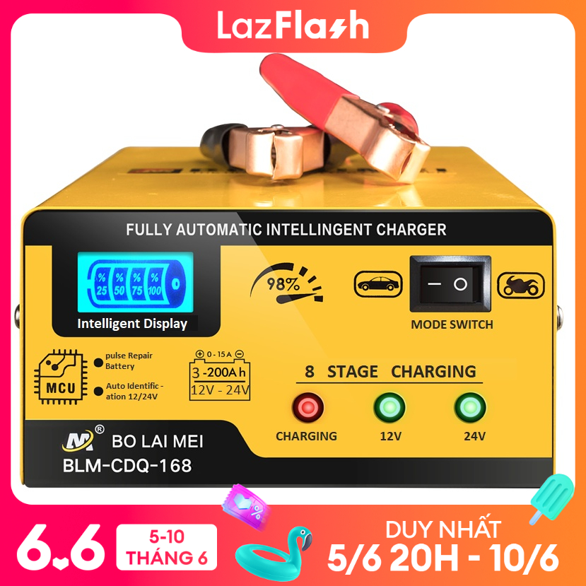 Sạc bình ắc quy 12V 24V tự động 200AH Bolaimei dòng sạc nhanh 15A HÀNG CHÍNH HÃNG sạc bình ắc quy ô tô sạc bình ắc quy xe máy sạc được cả bình khô và bình nước sac acquy 12v