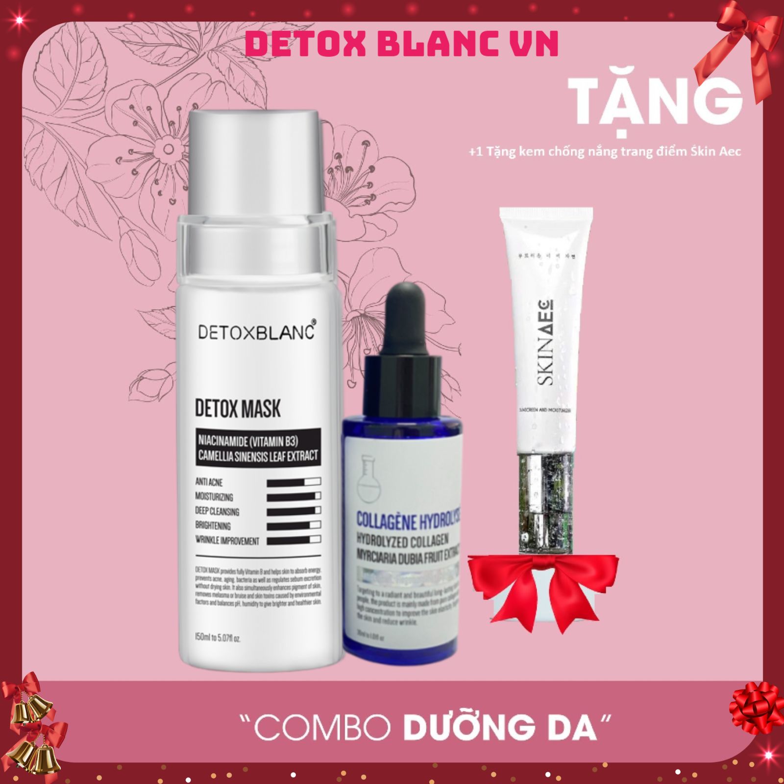 Bộ dưỡng trắng da mặt serum collagen+detox mask detox blanc tặng kem dưỡng ẩm chống nắng skin aec 30ml