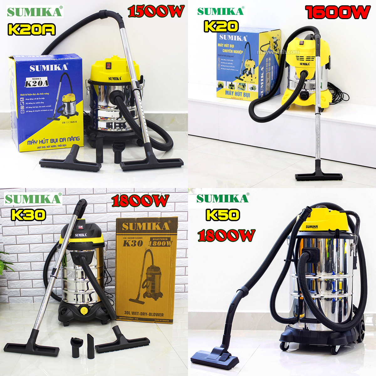 4 Mẫu Máy hút bụi công nghiệp Sumika K20,K20A,K30,K50 - 1500W-1600W-1800W (Hút khô, hút nước và thổi) bảo hành 1 năm