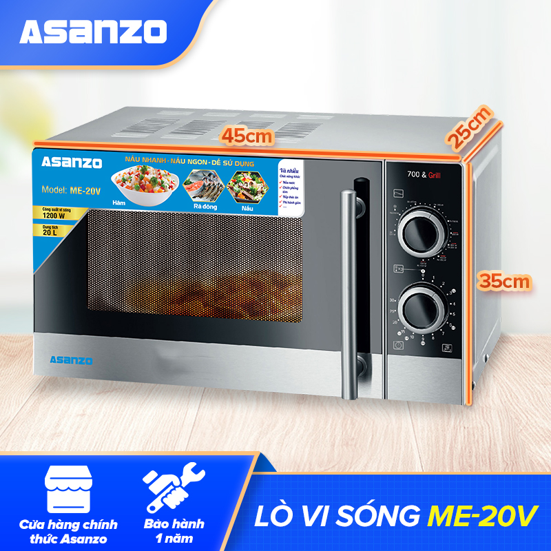 Lò vi sóng Asanzo ME-20V (Tổng công suất 1200W, Công suất vi sóng 700W dung tích 20 lít Điều khiển cơ chức năng nấu tự động 6 mức công suất) - Bảo hành chính hãng 12 tháng