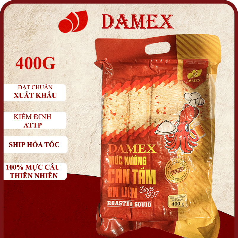 Mực Cán Tẩm Xác Ớt Ăn Liền Damex 400g khô mực cán nướng ăn vặt chất lượng cao.