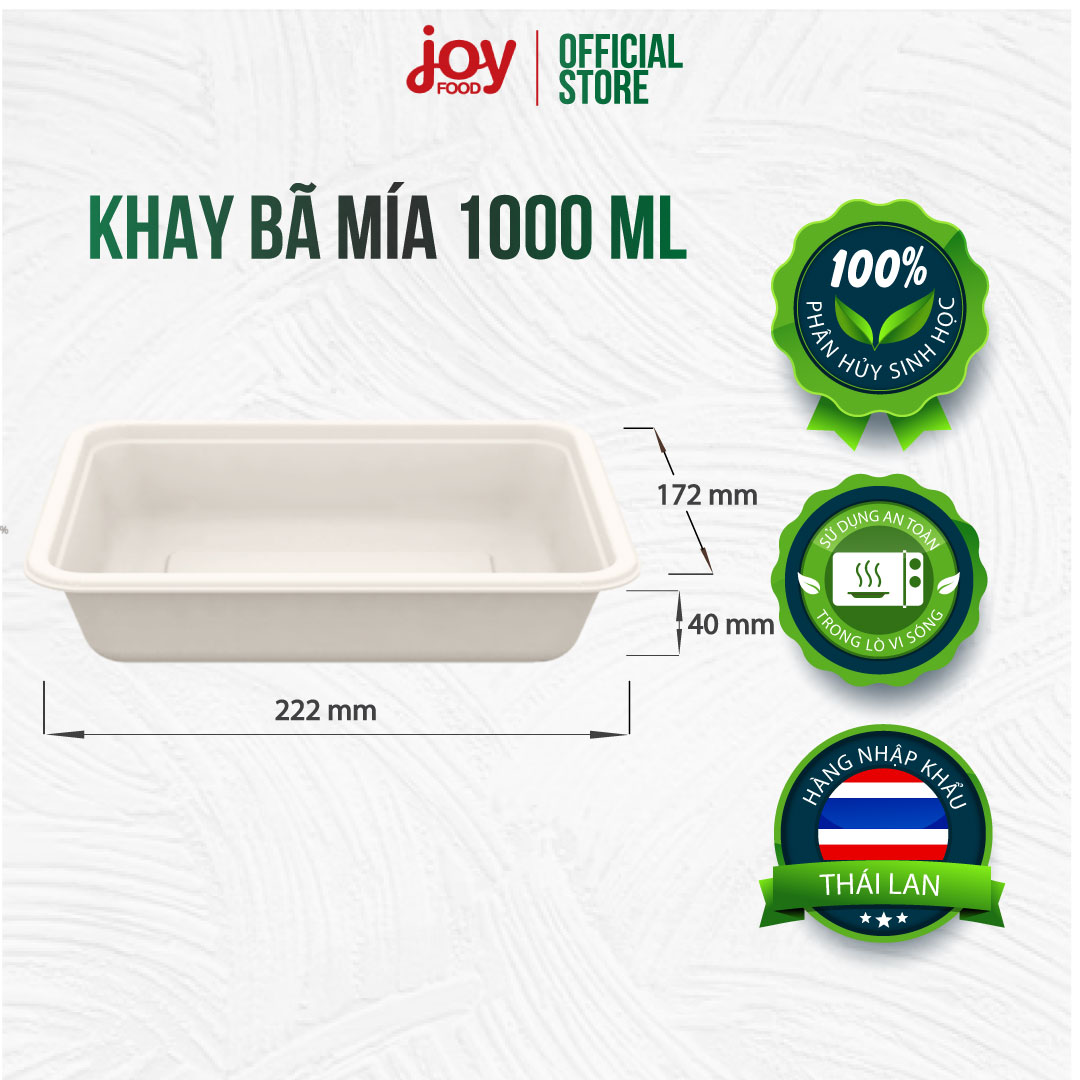 50 khay bã mía Thái Lan 1000ml, khay cơm dùng 1 lần phân hủy sinh học/ Kèm Nắp Nhựa