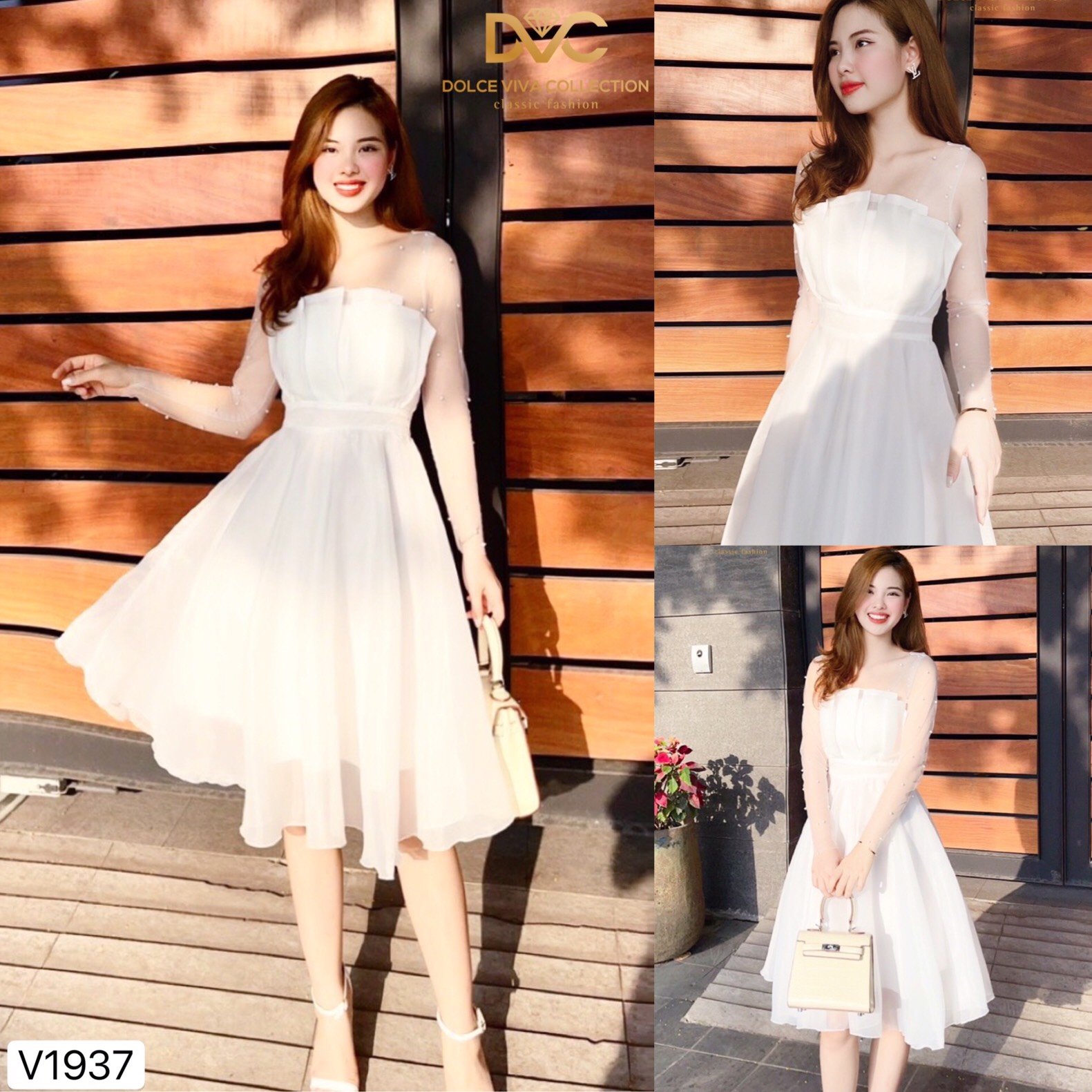 Váy trắng cúp ngực tay lưới v1937 – dolce viva collection