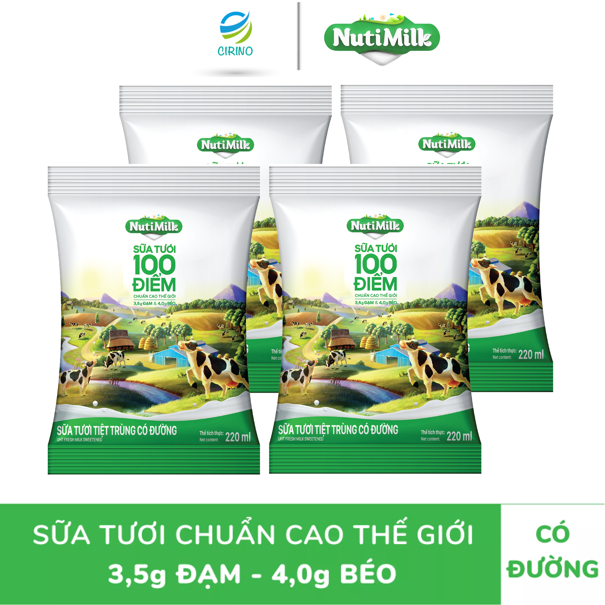 SỮA TƯƠI CHUẨN CAO THẾ GIỚI] Combo 04 Bịch Nutimilk Sữa Tươi Tiệt Trùng Có Đường 220mL - Thương hiệu NUTIFOOD - TT CIRINO