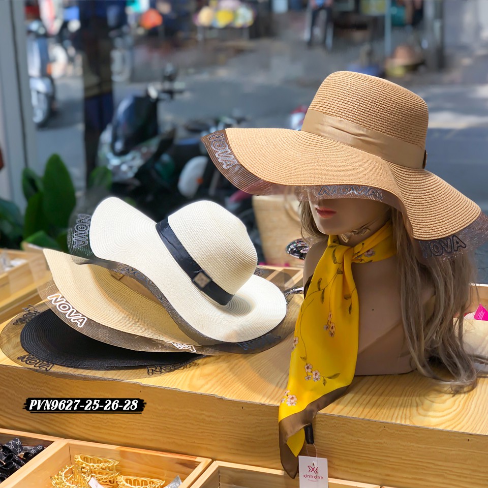 Mũ cói rộng vành phối lụa lưới rộng cao cấp thời trang cho bạn gái