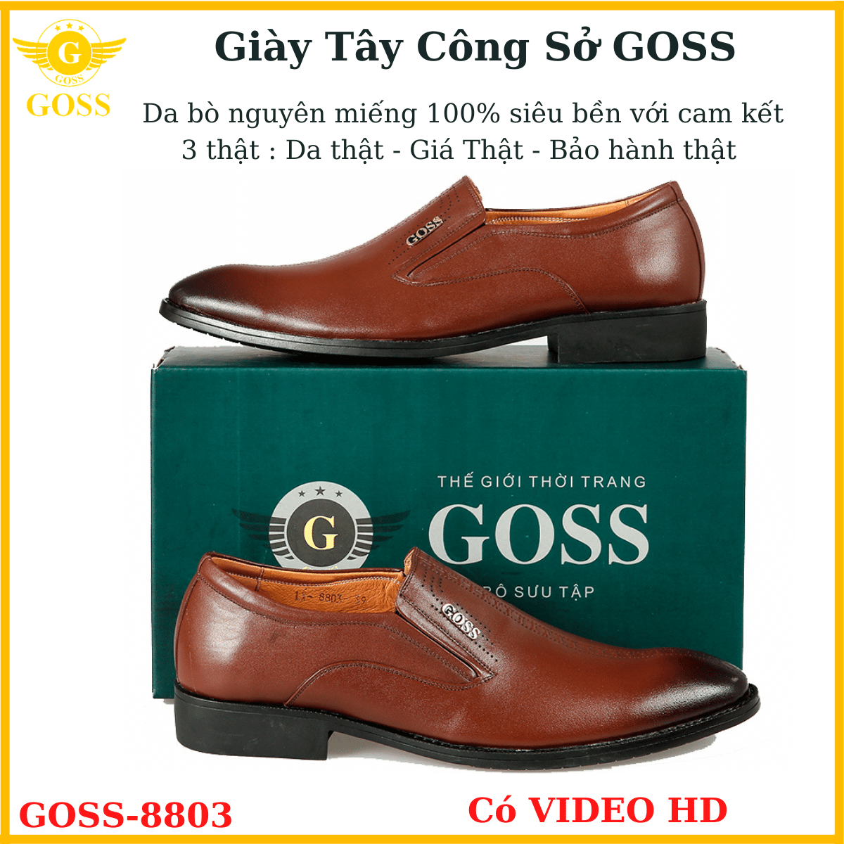 Giày Tây Nam Công Sở Không Dây Da Bò Mềm Trơn Nhẵn GOSS8803 - Giày Tây Nam Mũi Nhọn Cao Cấp Chính Hãng