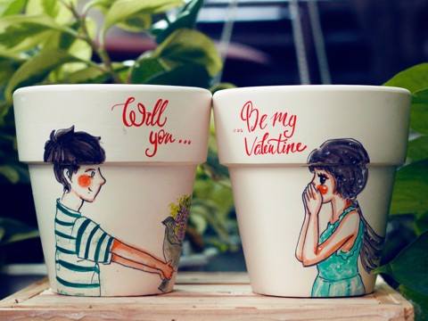CHẬU MINI ĐÔI, CHẬU VẼ, CHẬU CẢNH MINI, CHẬU CẢNH ĐÔI, CHẬU ĐÔI VALENTINE, STYLE TÌNH YÊU
