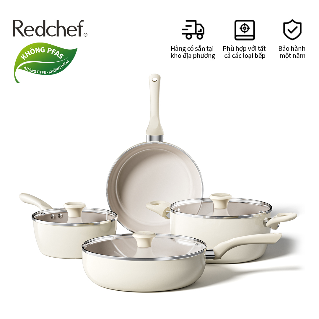 Redchef Bộ Nồi Chảo Chống Dính Gốm Đá Biển Không PFAS, PTFE & PFOA Phù Hợp Với Mọi Loại Bếp - Chảo Kho 20cm, 24cm, 28cm