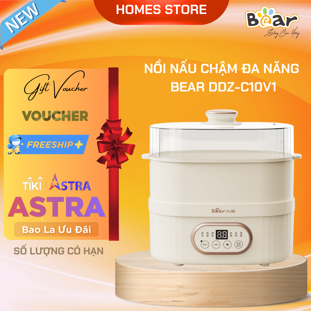 Nồi Chưng Yến, Nồi Nấu Chậm BEAR DDZ-C10V1 - Bản Tiếng Anh Tiềm Hấp Tự Động Chống Trào Nước, Chống Cháy Dung Tích 2.5 Lít Công Suất 500 W - Hàng Chính Hãng