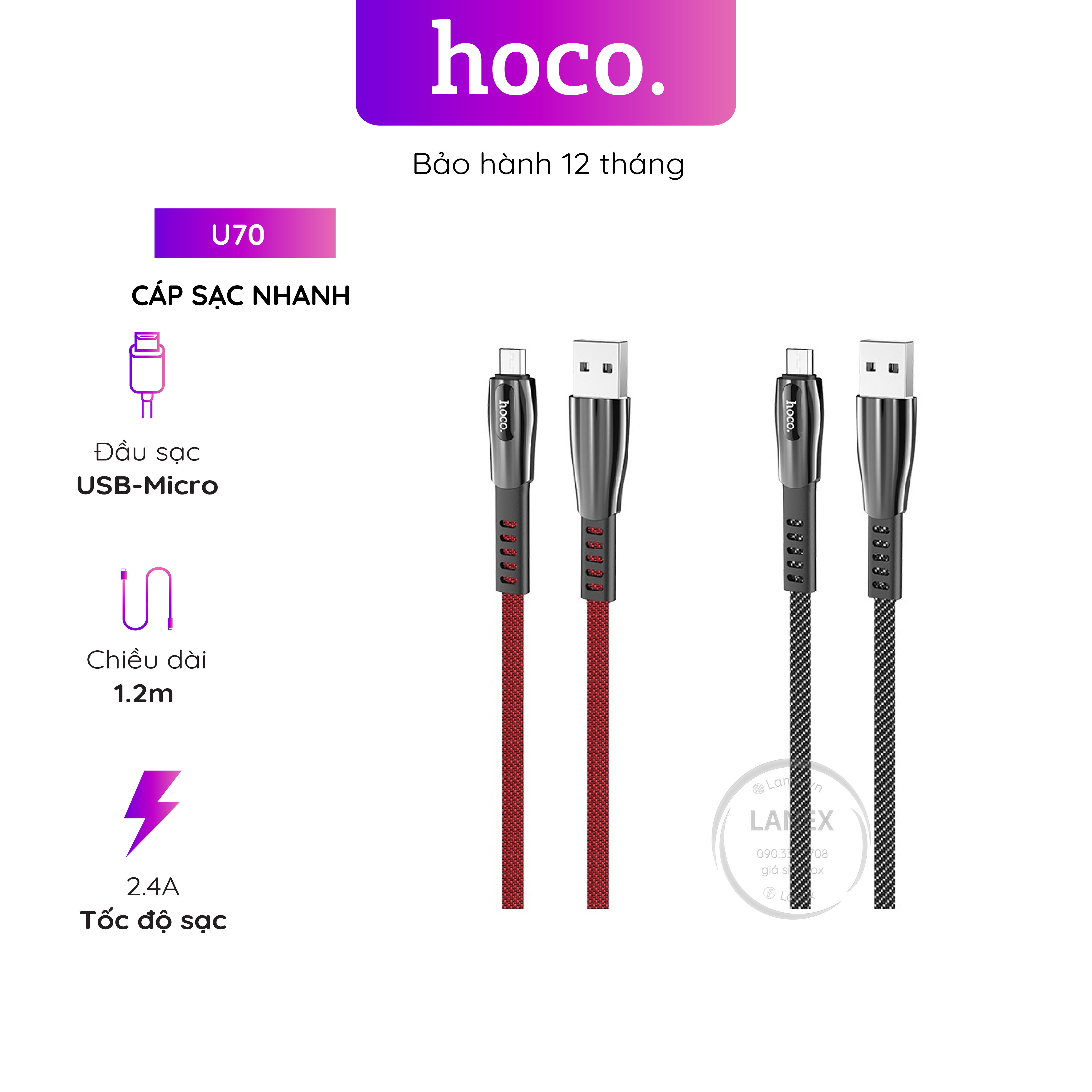 Cáp Sạc Nhanh Hoco U70 Dây Dù Micro 2.4a Dài 1.2m