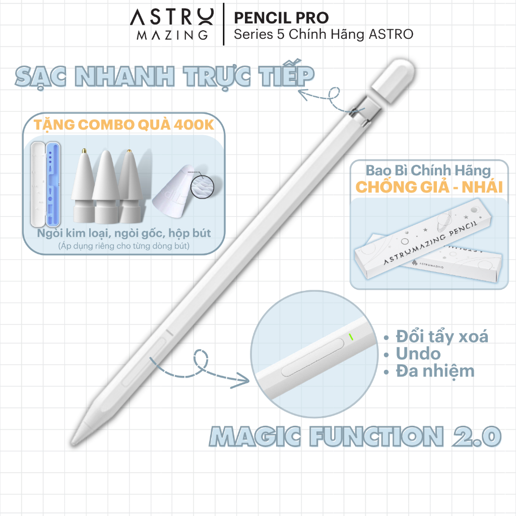 [Pencil 5] Bút Stylus AstroMazing Pencil Pro cảm ứng chống chạm nhầm vẽ nét thanh đậm dành cho i_Pad