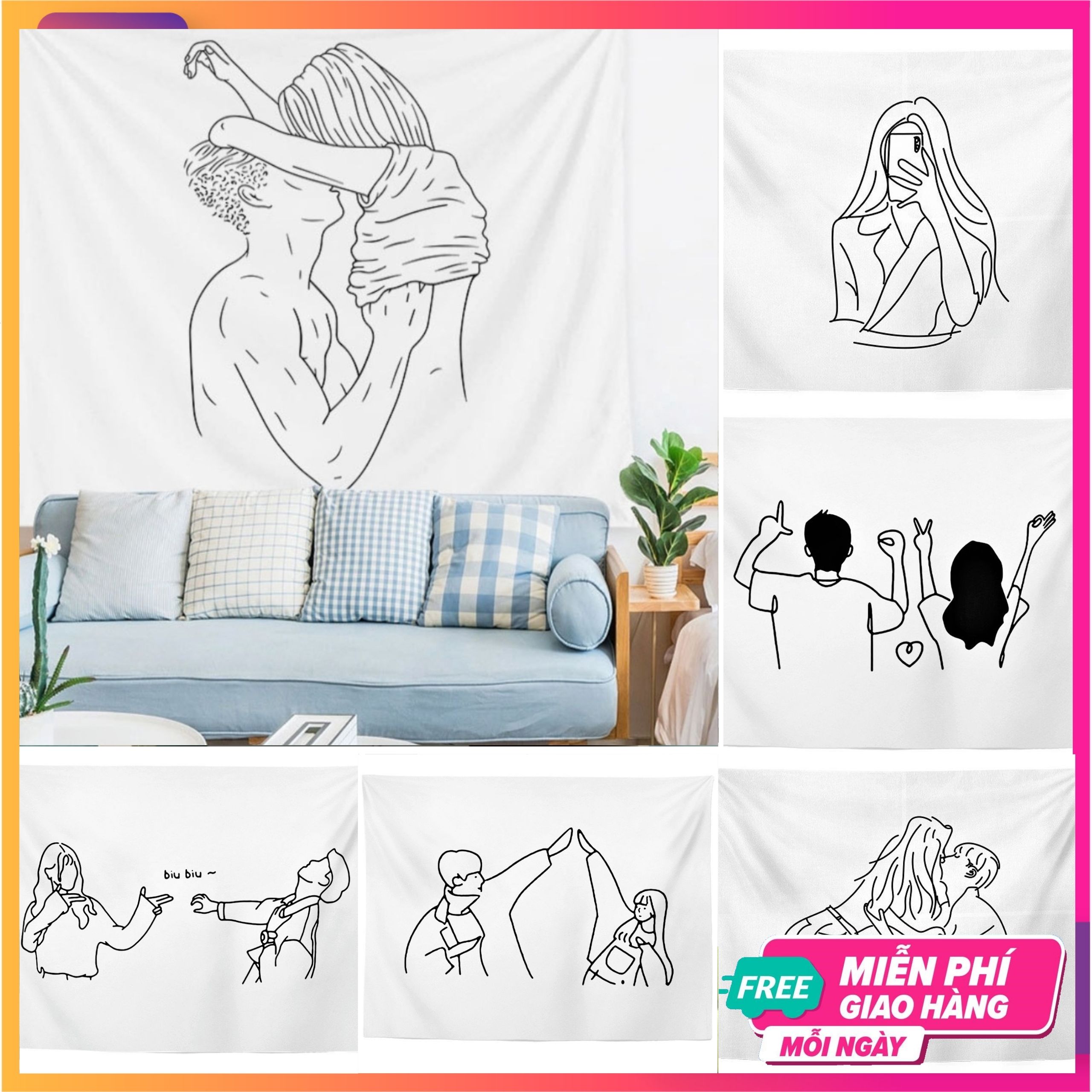 [FREE SHIP] [TẶNG KÈM DÂY ĐÈN LED 7m] Tấm Thảm Treo Tường (Trắng Đen Basic) Trang Trí Decor Nội Thất