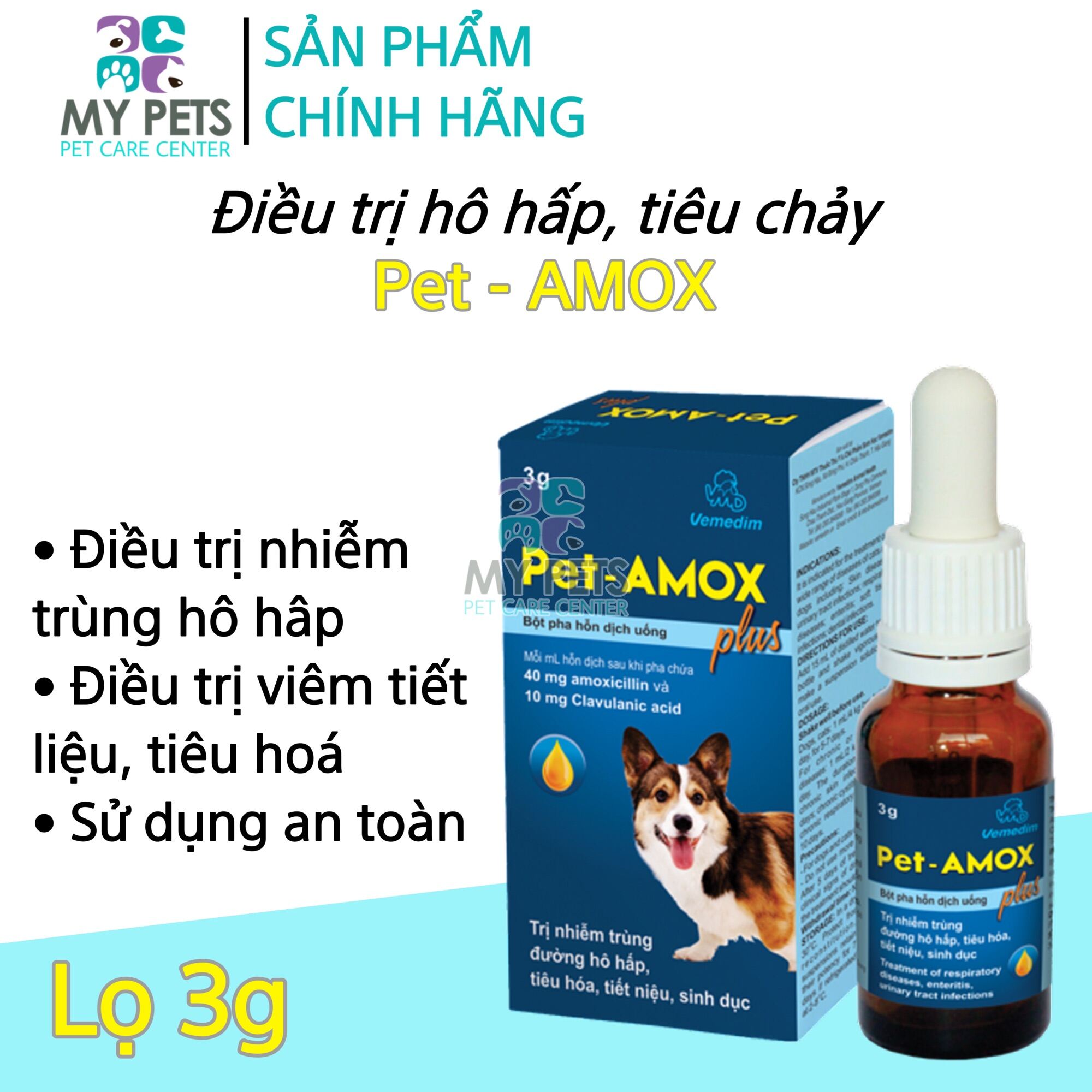 Pet Amox plus hết tiêu chảy hô hấp giúp lành vết thương ở chó mèo (VMD) - lọ 3g