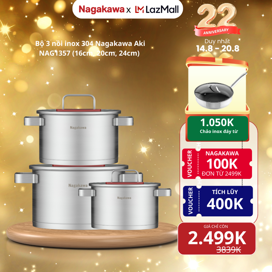 Bộ nồi Nagakawa Aki NAG1357, chất liệu inox 304 an toàn, 3 kích thước 16cm, 20cm, 24cm, vung kính cường lực, dùng cho mọi loại bếp