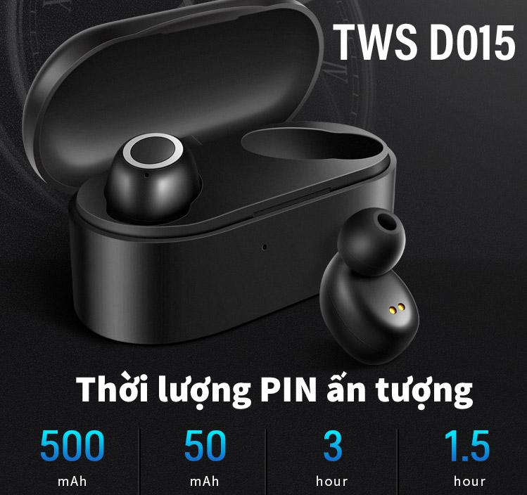 Tai nghe True Wireless TWS D015 - Bluetooth 5.0 âm thanh Stereo - cảm ứng tự động kết nối và nghe gọi 2 bên