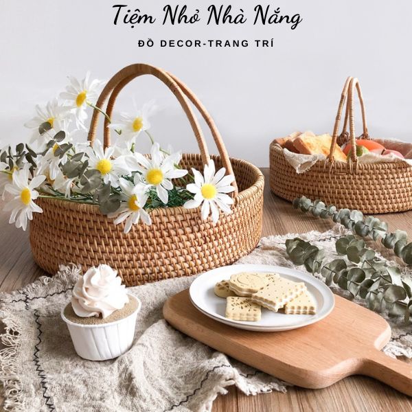 Giỏ mây tre đan thủ công có quai xách vintage, giỏ mây picnic, dã ngoại, decor chụp ảnh