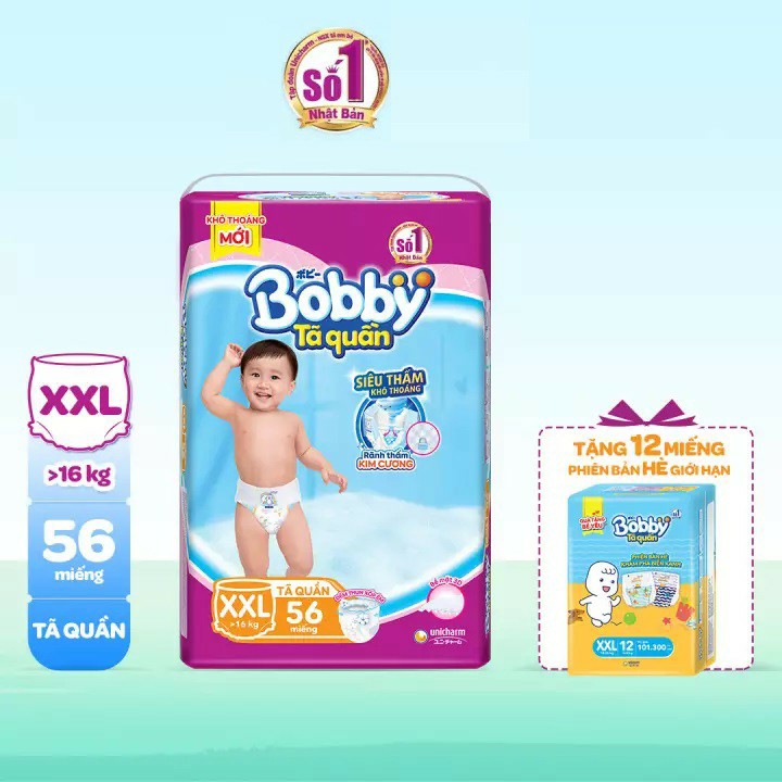 Bỉm tã quần bobby siêu thấm khô thoáng gói siêu lớn xxl56 miếng hsd: 04/2024