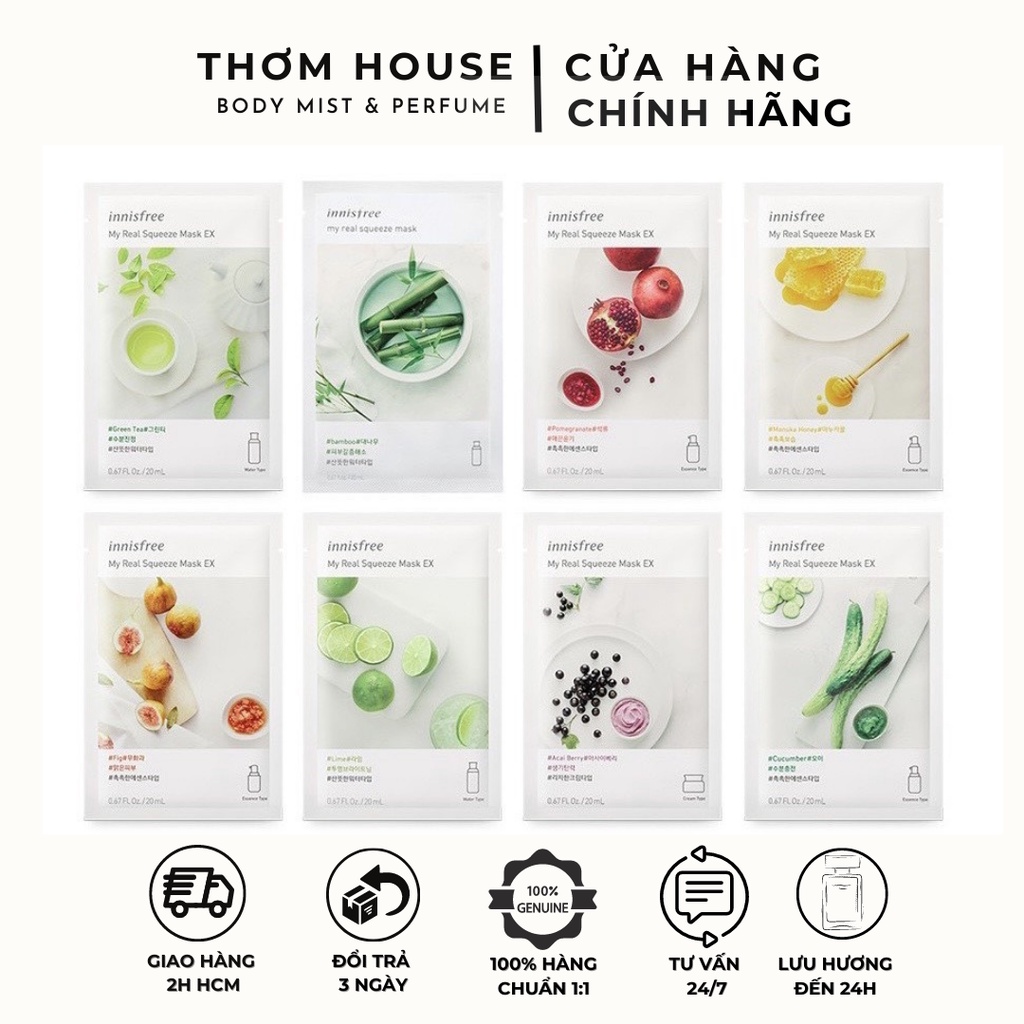 Mặt Nạ Innisfree , Mask Innisfree 18 vị Hàn Quốc cấp ẩm làm trắng da- Mặt Nạ Giấy Innisfree