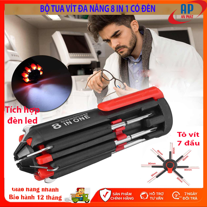 Tô vít 7 đầu chính hãng các cỡ từ 1.6mm-5.0mm-Tua vít, Tô vít đa năng mini nhỏ gọn 8 in 1 có đèn led cầm tay bỏ túi 7 đầu 2 & 4 cạnh, tua vít đổi đầu, tô vit đảo, tua vit 2 đầu. tuốc nơ vít đảo đầu, tua vit