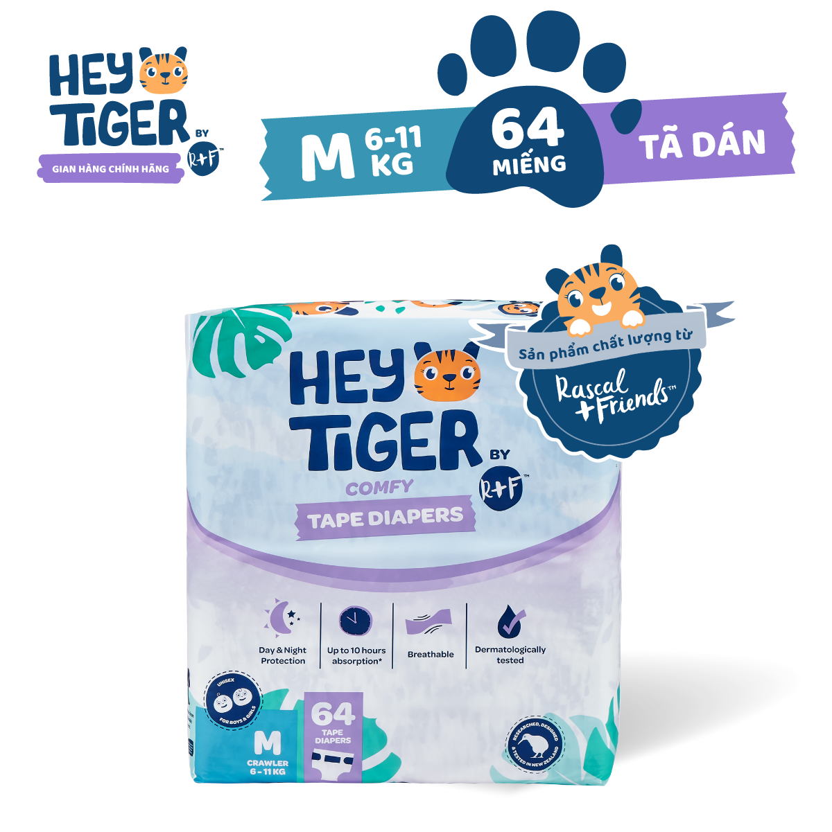 Tã bỉm dán hey tiger jumbo size m - 64 miếng