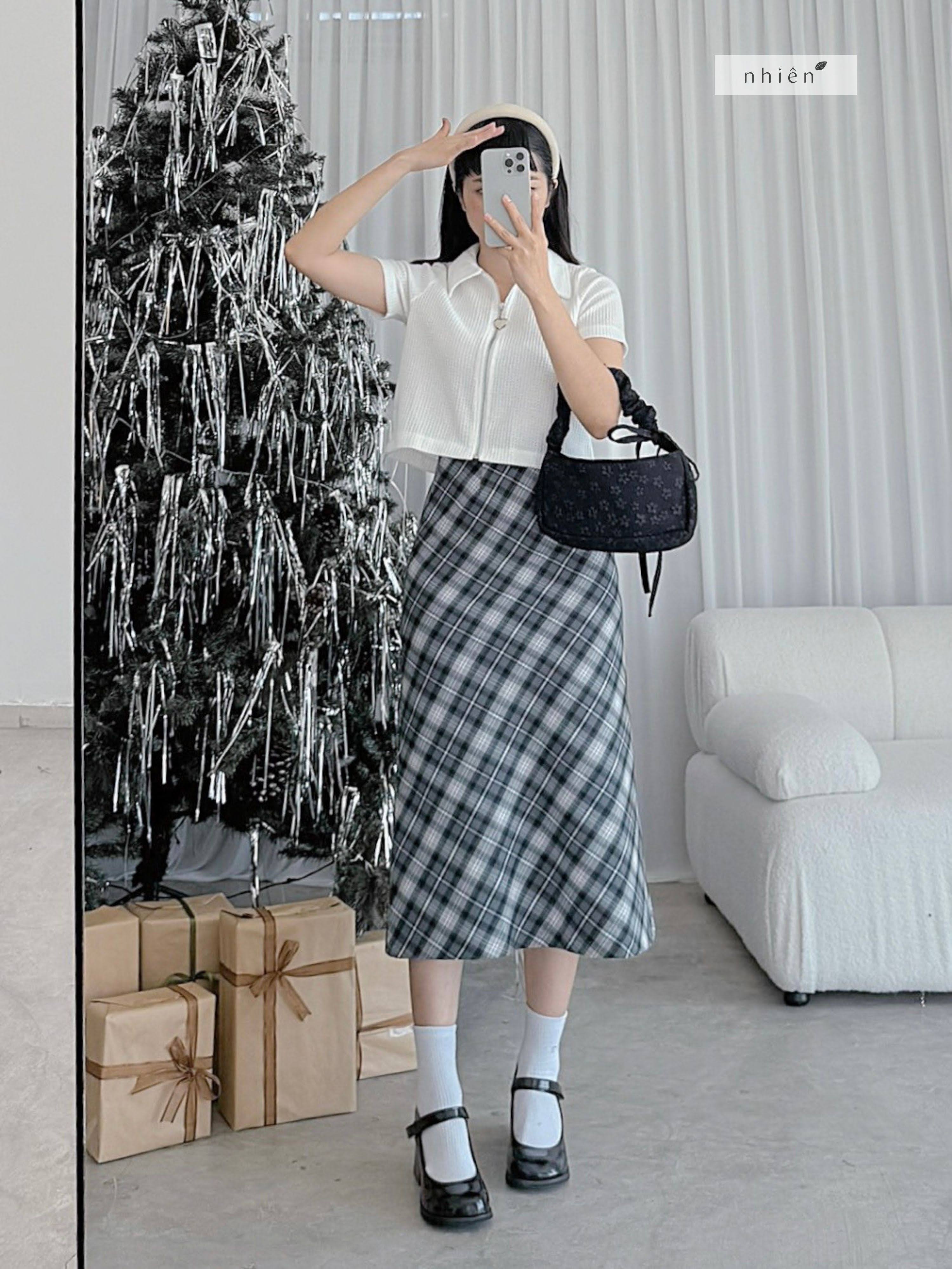 Chân váy dài, chân váy caro xòe nhẹ cạp cao đi làm đi chơi thanh lịch vintage nhienofficial BV129