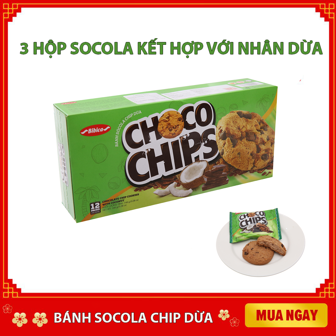 [HCM]3 Hộp Bánh qui socola Chip Dừa - Chocolate Chip Cookies With Coconut mang hương vị socola kết hợp với hạt điều thơm ngon thích hợp dùng tất cả cho mọi người 144g (12 gói x 12g)