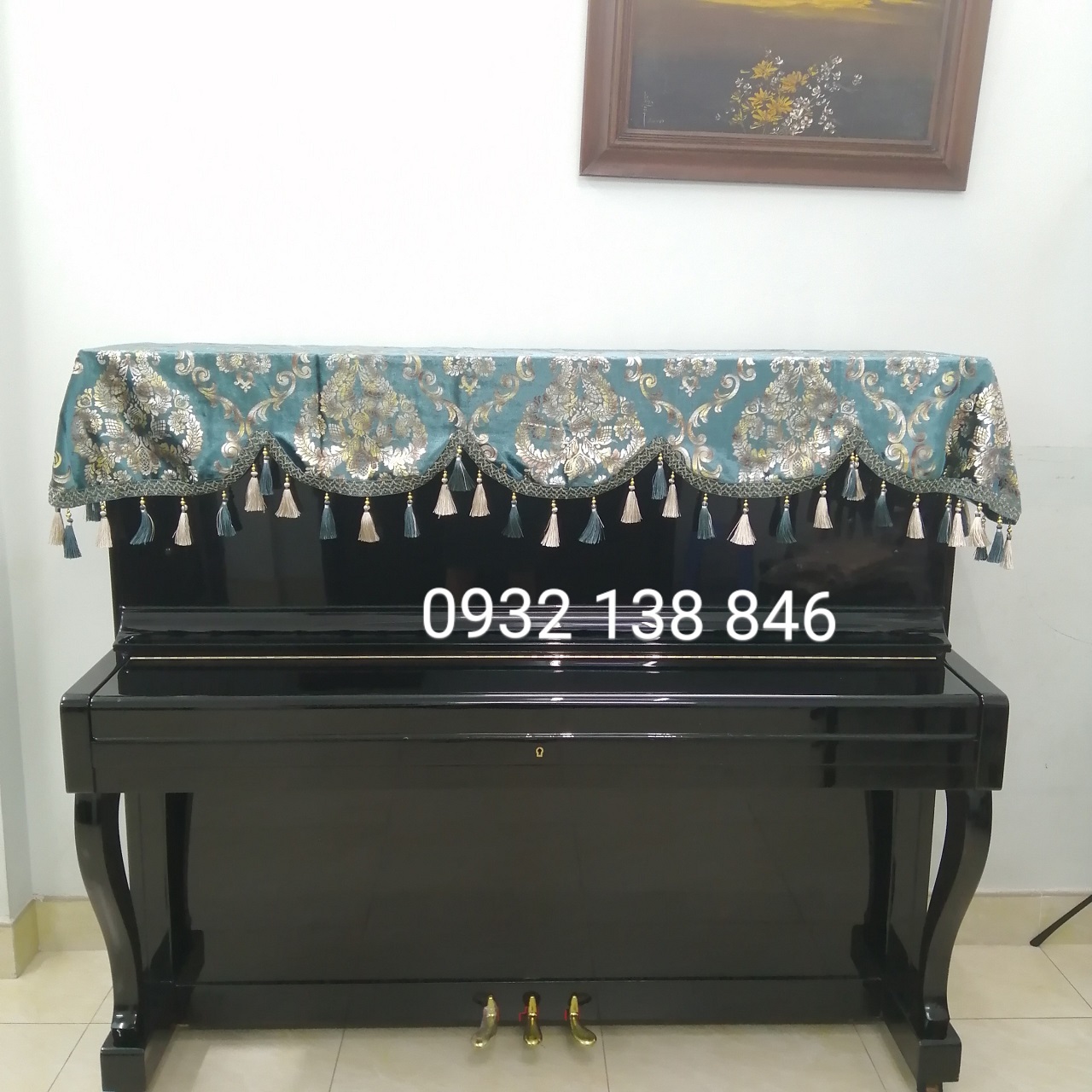 Khăn phủ đàn piano cơ phong cách cổ điển màu xanh họa tiết châu âu