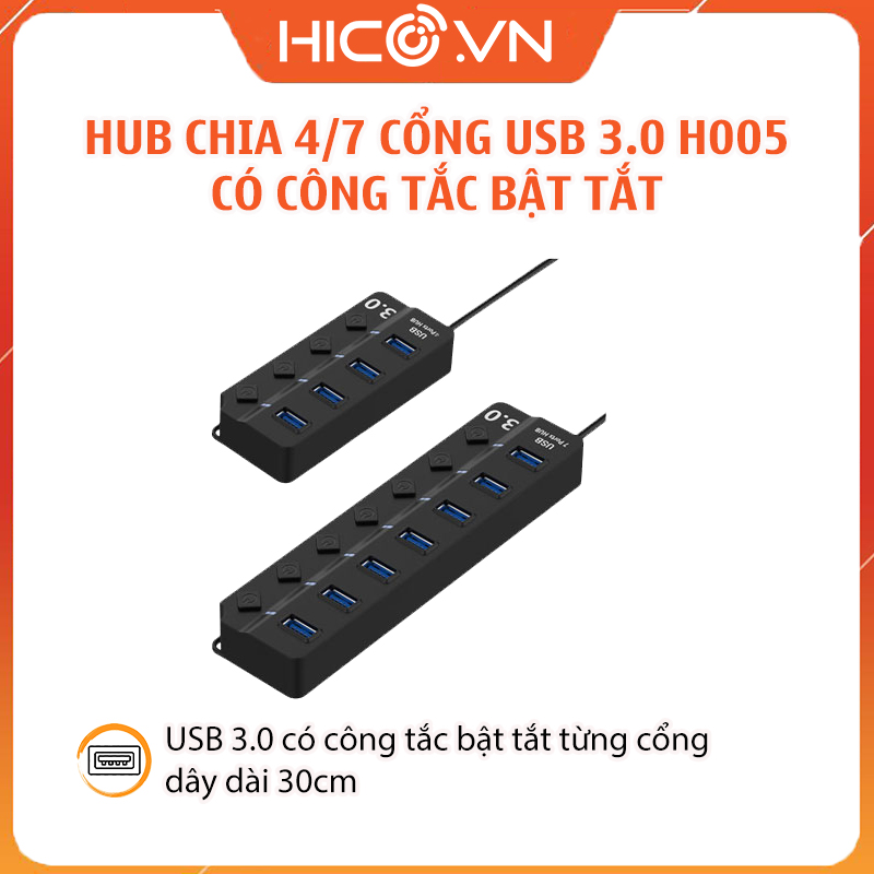 Bộ chia cổng usb 3.0, hub chia cổng usb 4/7 cổng h005 chân usb- có công tắc tắt bật cho từng cổng usb riêng