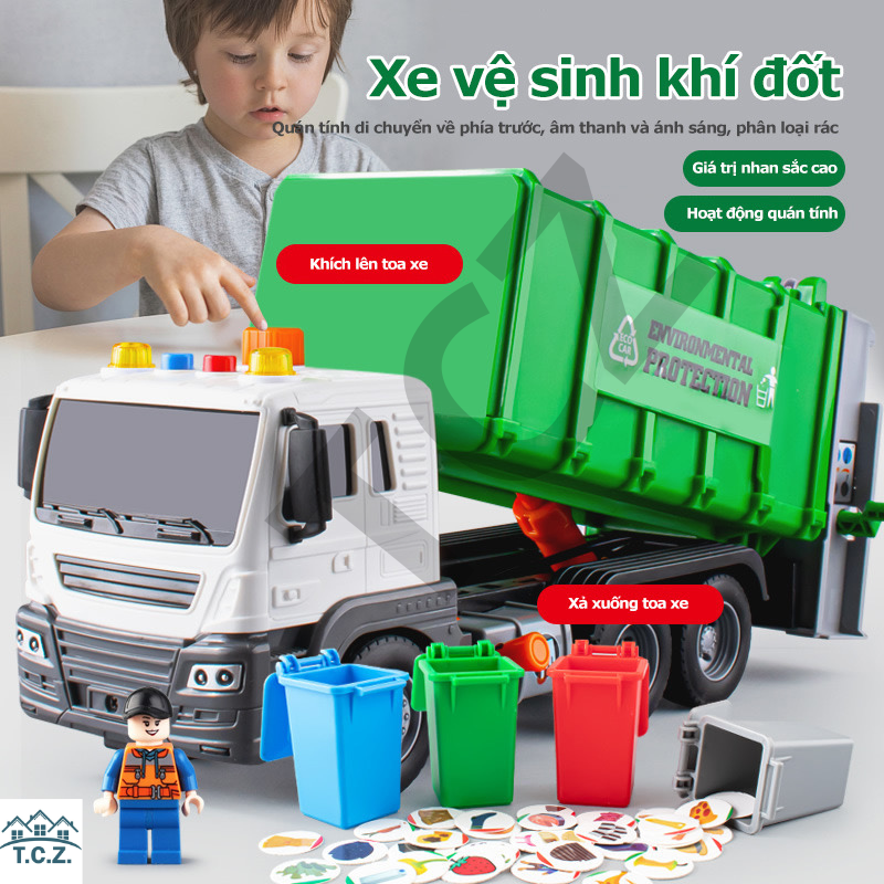 Đồ chơi trẻ em mô hình xe chở rác tỉ lệ 1 38 có đèn pha sắt âm thanh