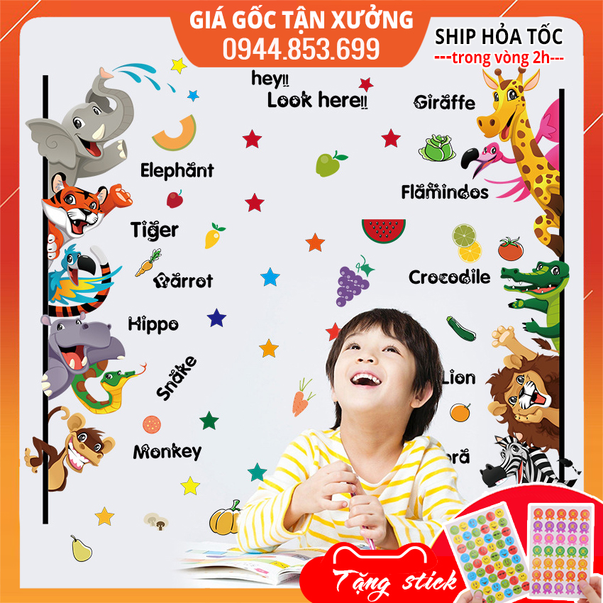 Decal dán tường từ vựng tiếng anh về động vật cho bé SK7042