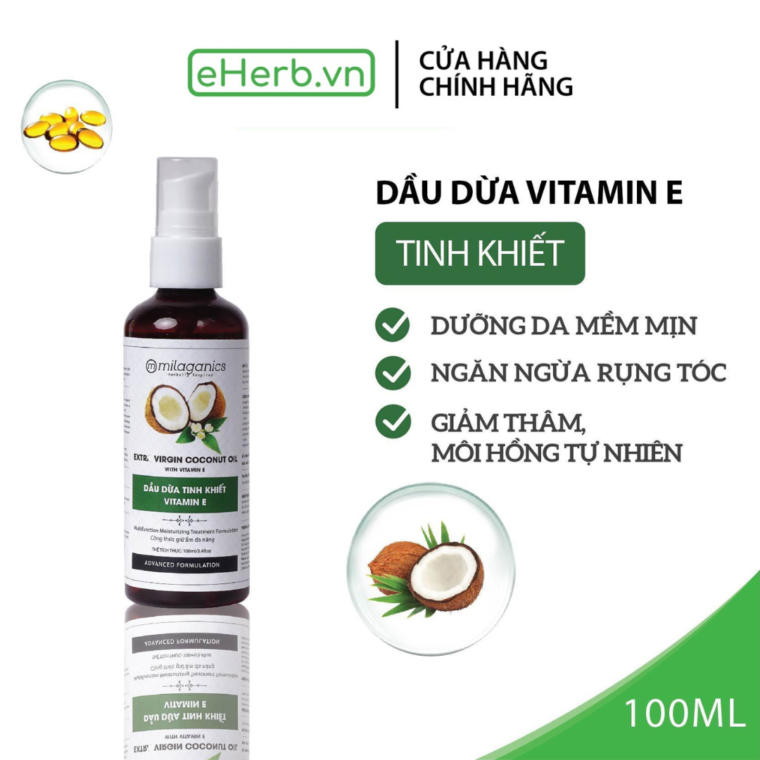 Dầu Dừa Nguyên Chất Vitamin E Dưỡng Môi Da Ép Lạnh Từ Thiên Nhiên MILAGANICS 100ml Dầu Dừa Dưỡng Tóc Dưỡng Mi Từ Thiên Nhiên - eHerb