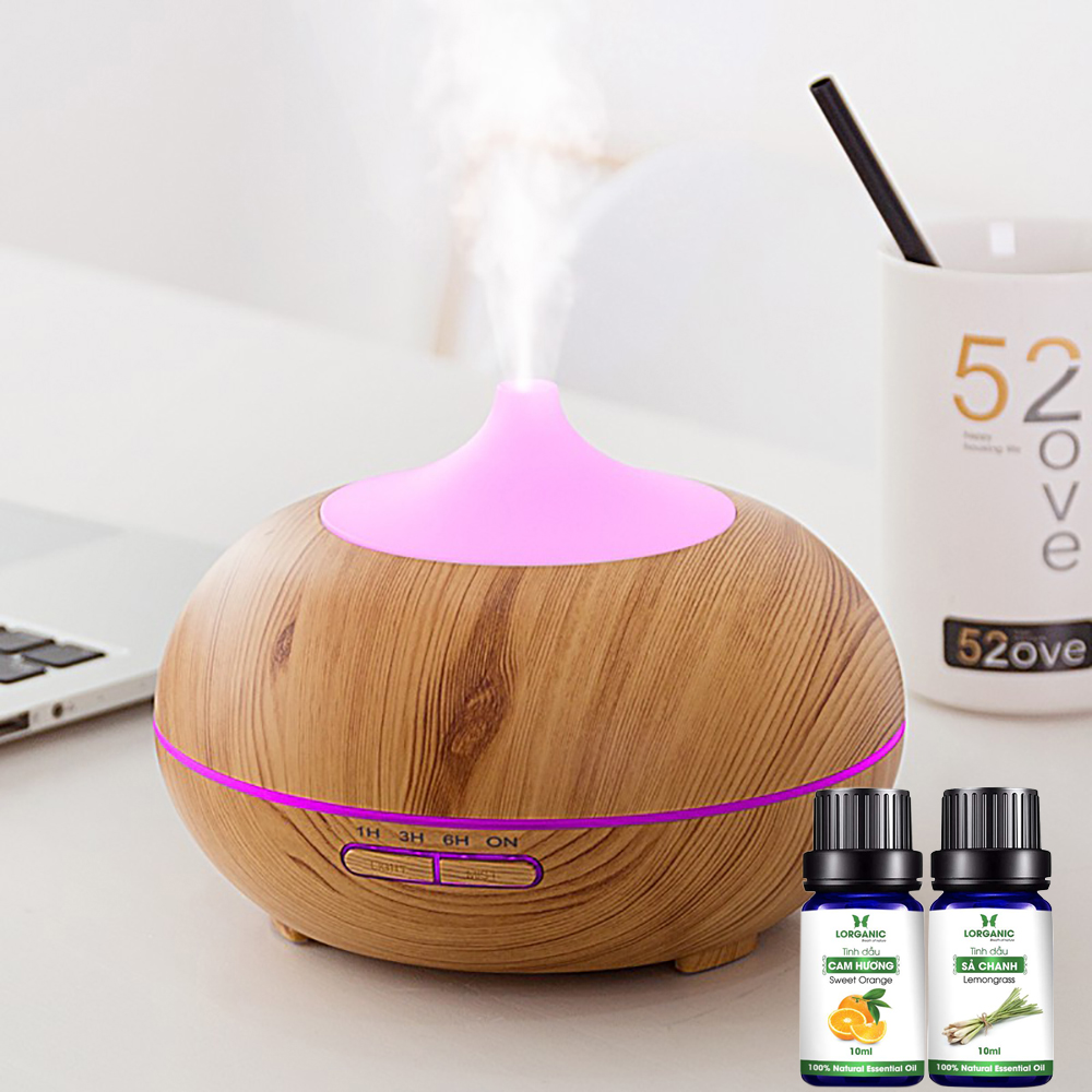 [HCM]Combo máy khuếch tán tinh dầu bí ngô gỗ vàng Lorganic FX2026 +tinh dầu sả chanh + tinh dầu cam Lorganic (10ml x2)