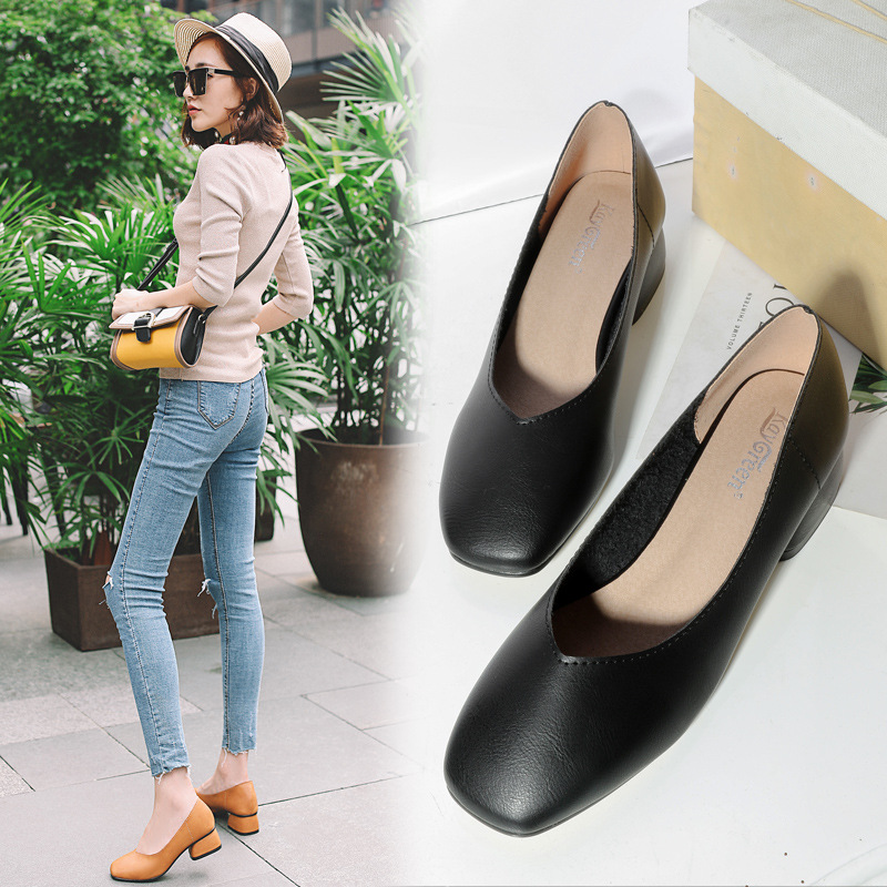 Giày cao gót đế vuông mũi vuông 3cm da thật cao cấp. Giày nữ công sở.