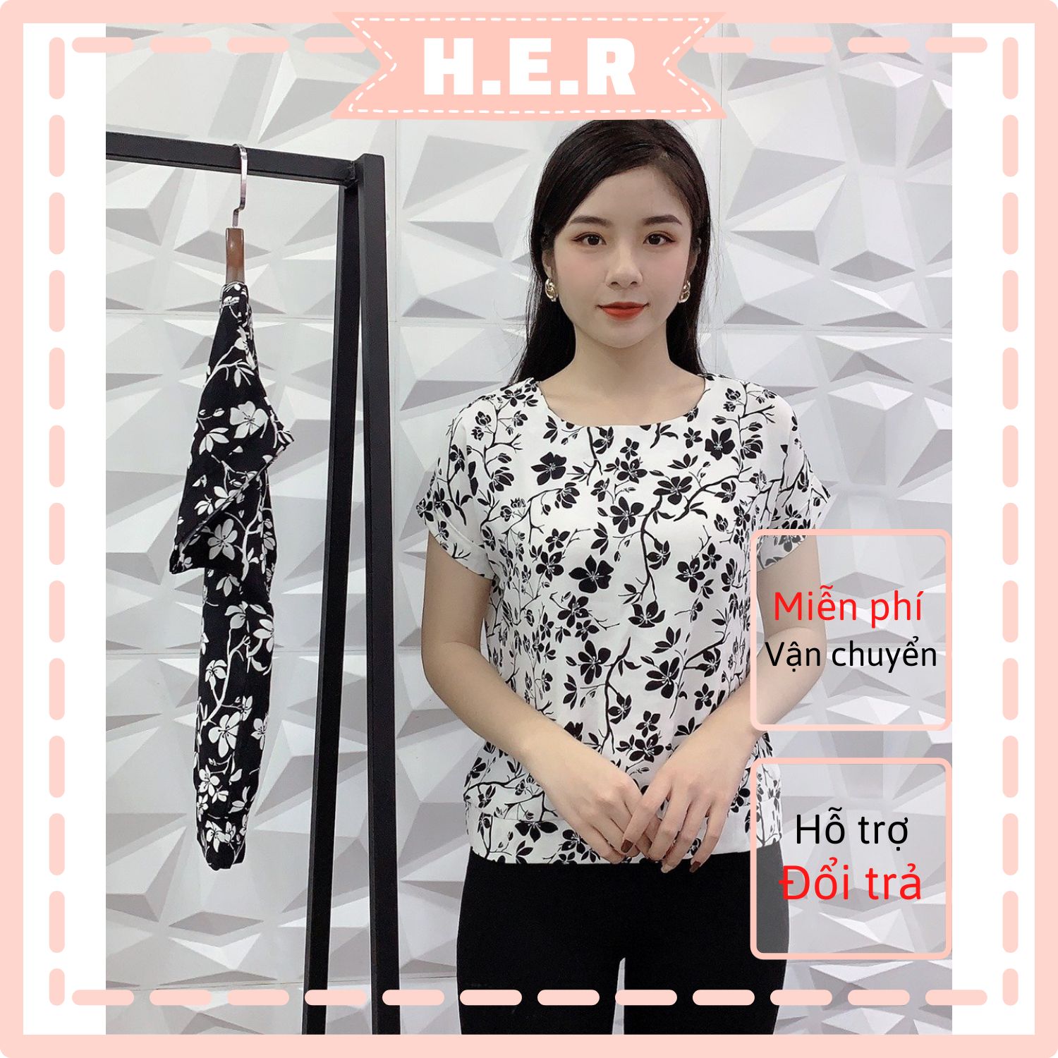 Áo Cộc Tay Trung niên Cổ Tròn chất Lụa Hàn Châu CÓ QUÀ TẶNG KÈM Áo thun nữ họa tiết Hoa Trắng Đen