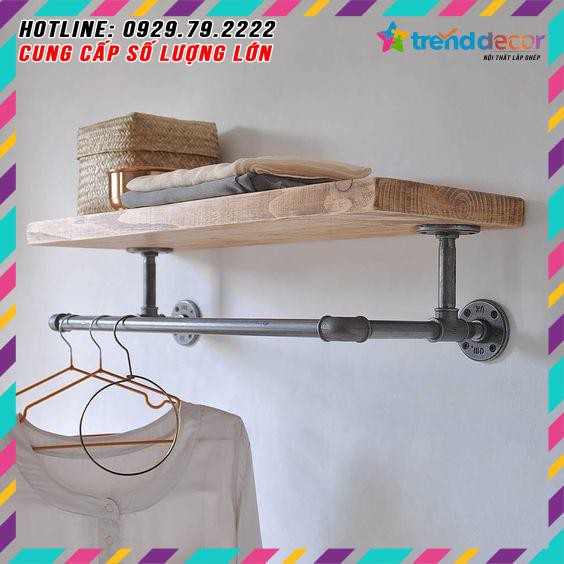 Kệ treo gắn tường gỗ MDF kệ ống nước kiêm giá treo quần áo chất liệu ống nước trang trí nhà decor quán cafe