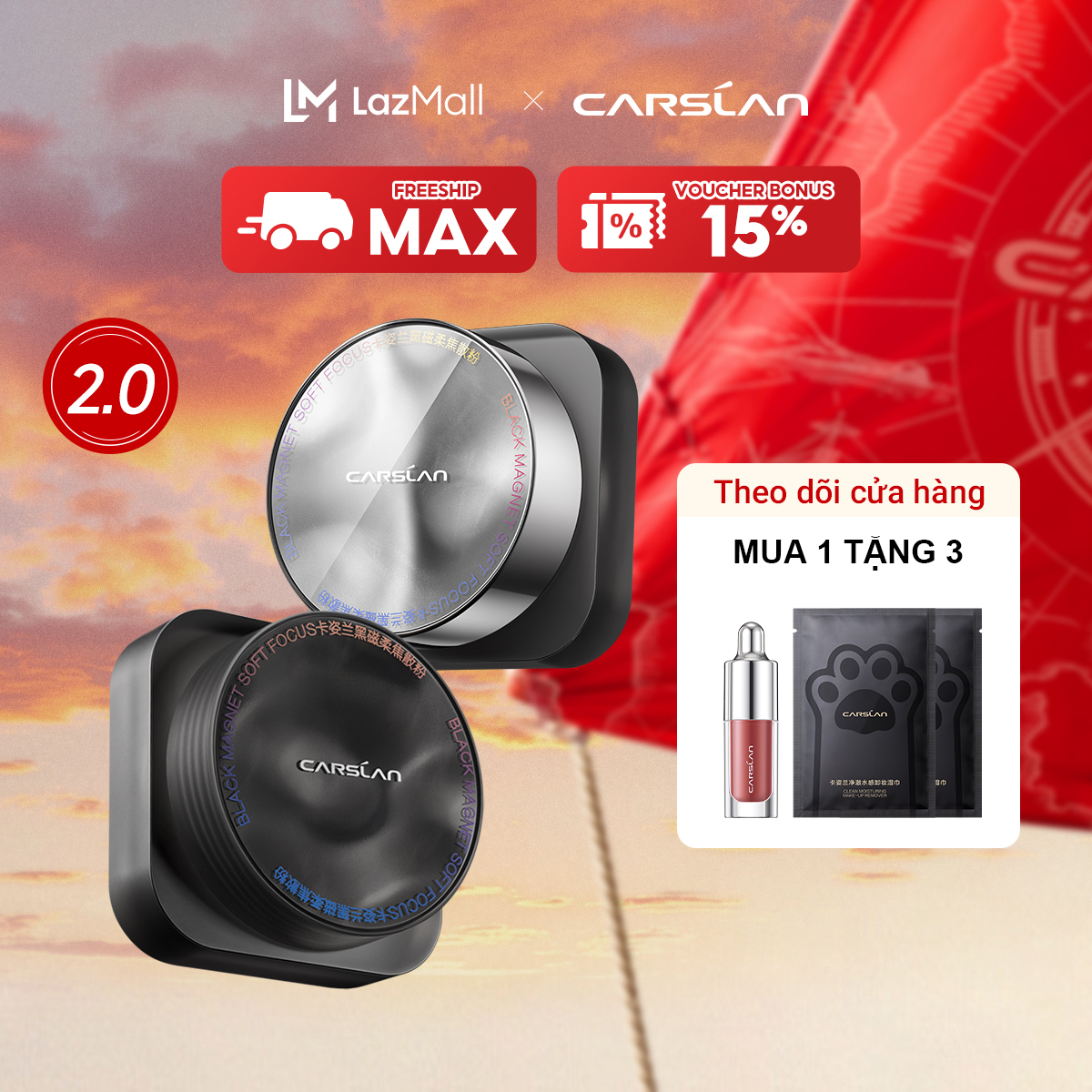 Phấn phủ Black Magnet CARSLAN kiềm dầu màu đen chống nước chống mồ hôi che phủ bóng dầu cho mặt 8g