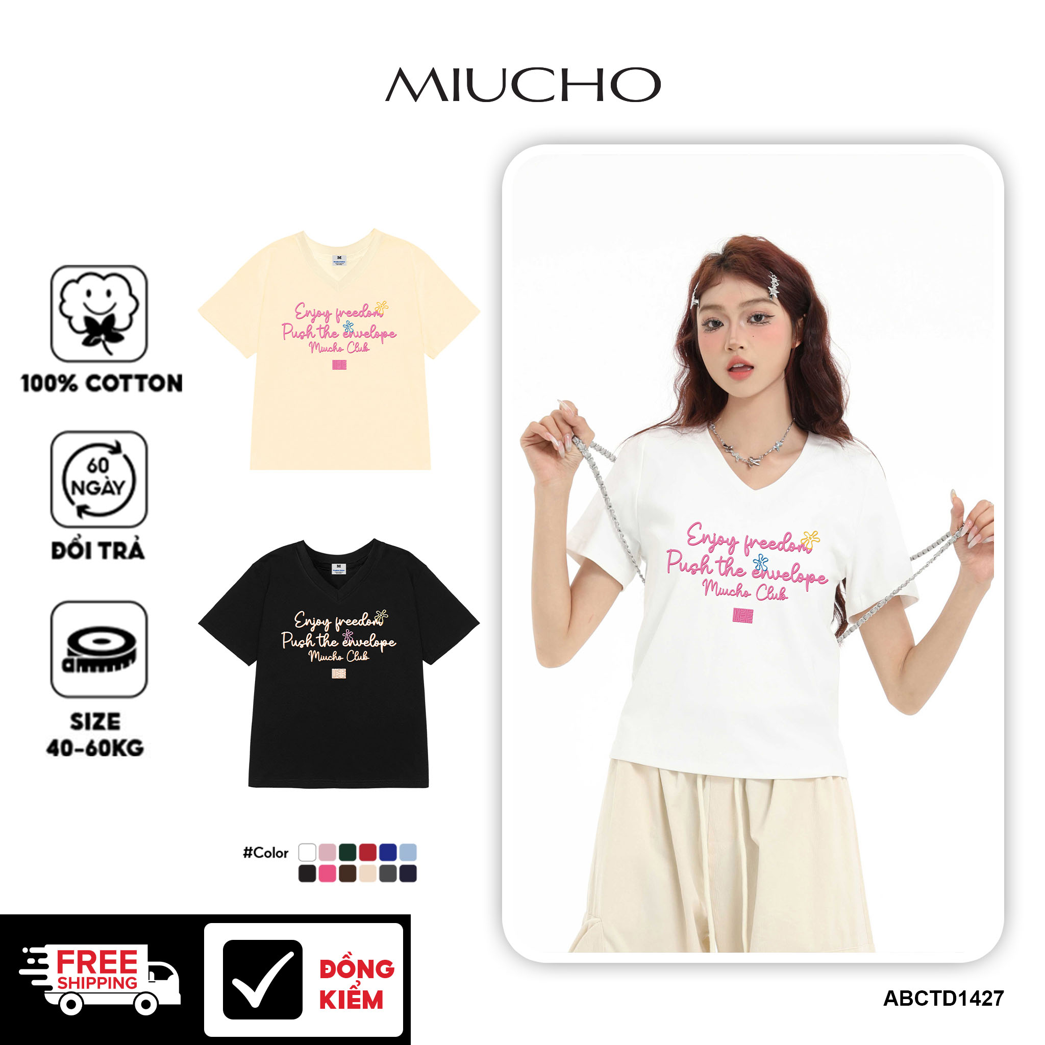  Áo thun baby tee cổ tim form ôm ABCTD1427 Miucho vải cotton co giản thoáng mát in mix 