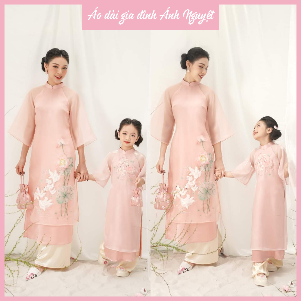 Áo dài cách tân mẹ và bé màu hồng chất liệu tơ organza được đính kết tỉ mỉ cao cấp - AN04