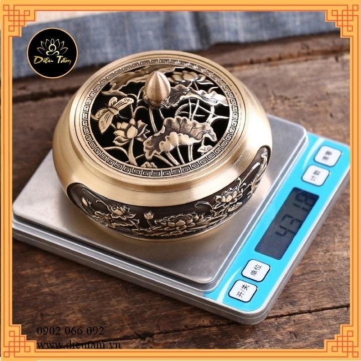 Lư xông trầm hương khắc in hoa sen đồng thau dày, lư đồng nguyên chất đồ thờ cúng cao cấp