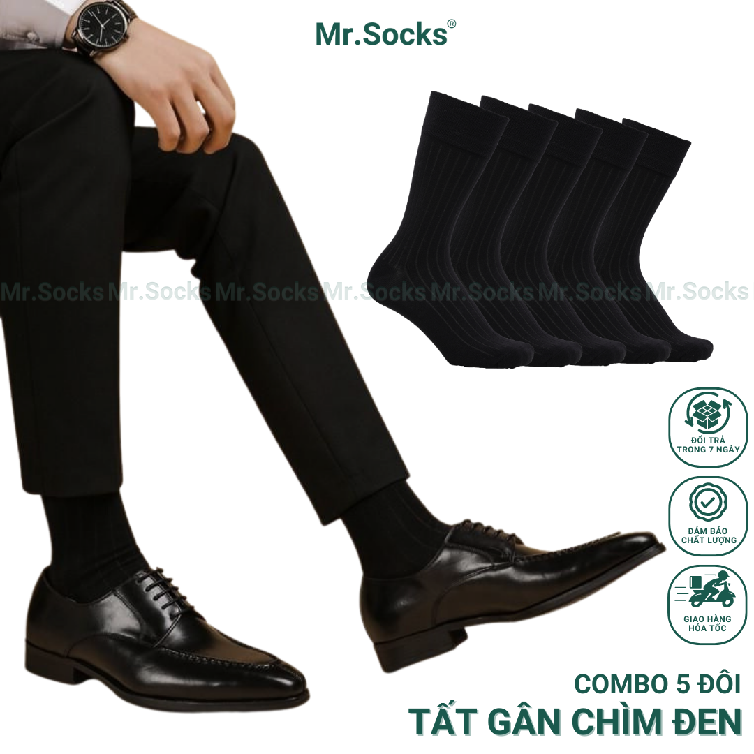 Combo 5 đôi tất vớ cổ cao công sở nam mr.socks màu đen gân chìm, cotton cao cấp hút ẩm thoáng khí - tayganchim-den-cb5